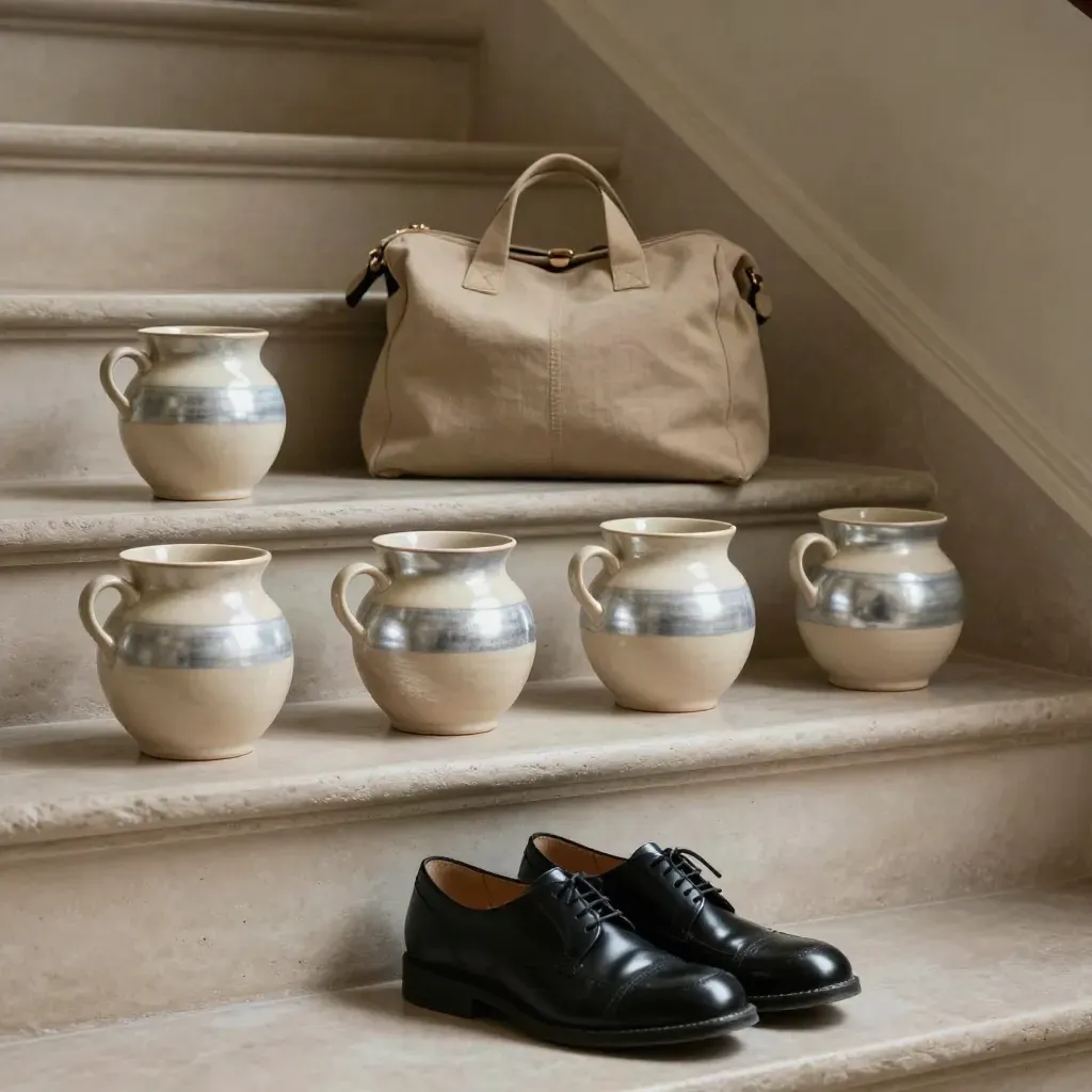 Four ceramic savings pots beside a canvas satchel and polished school shoe on pale stone.
