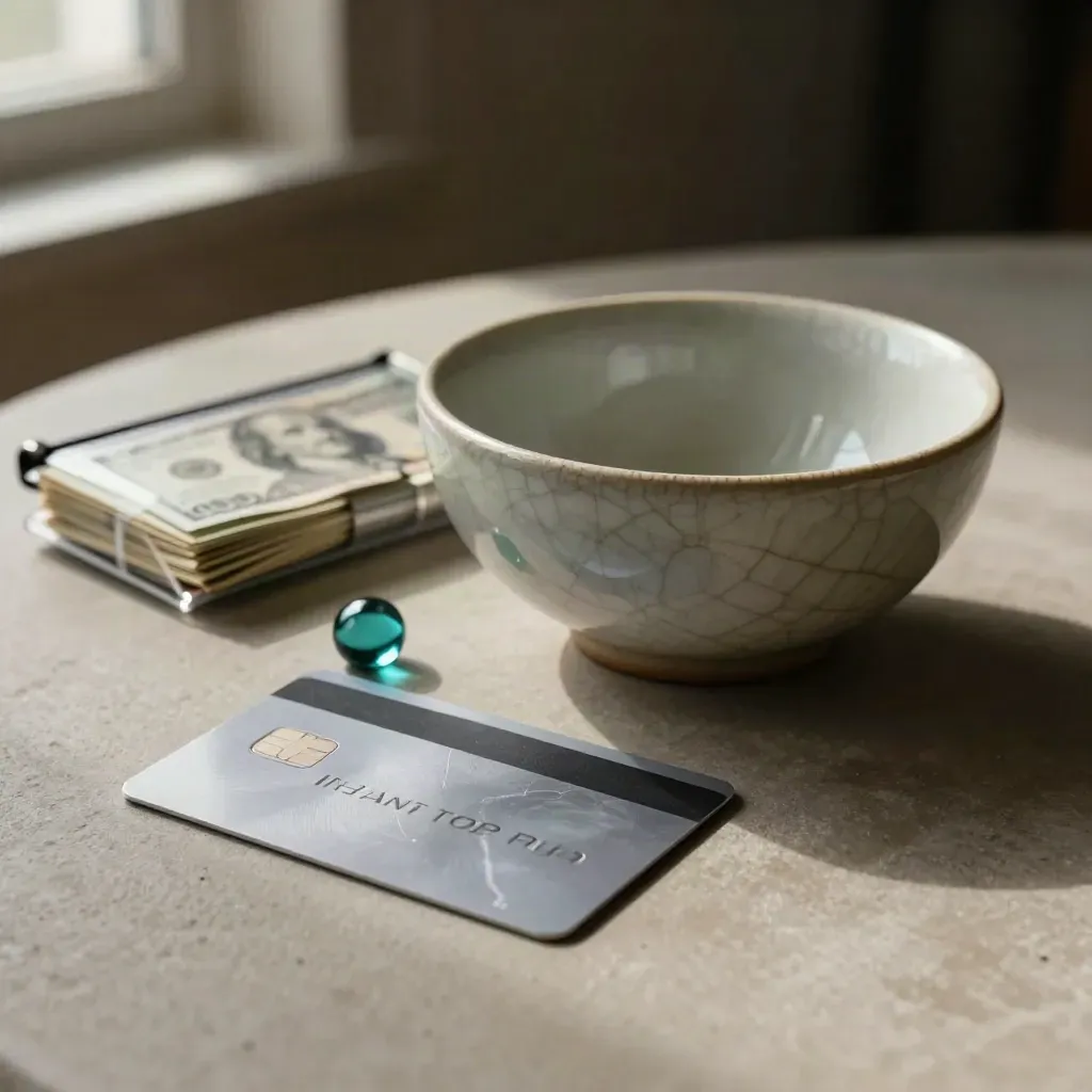 Low-angle still life of a bank card, cash pouch, transfer token and ceramic bowl on plaster.