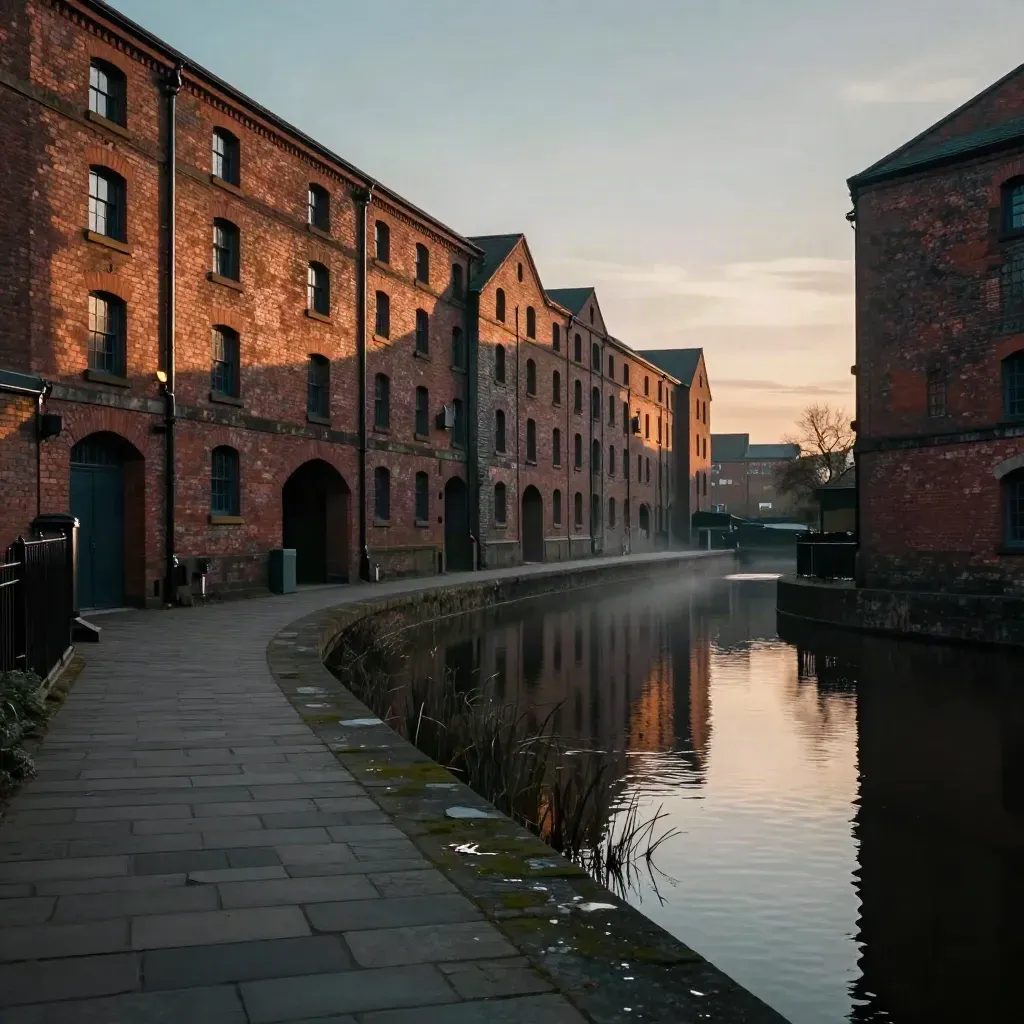 Manchester viaducts and canal warehouses at golden hour over still dark water